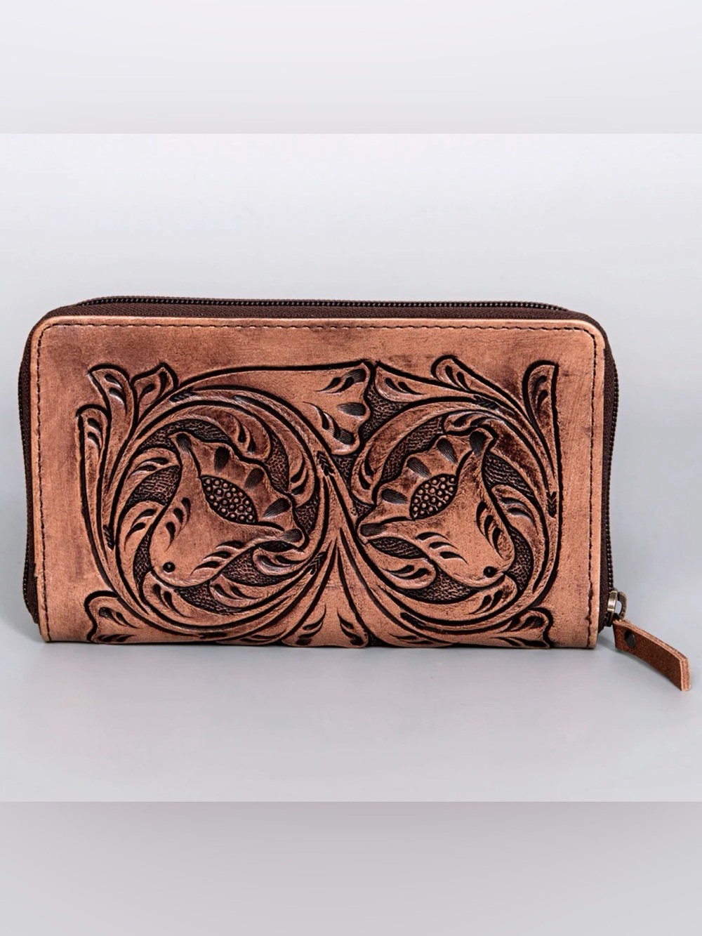 Western Wallet Tooled Leather Zip Wallet in Warm Cognac Brown